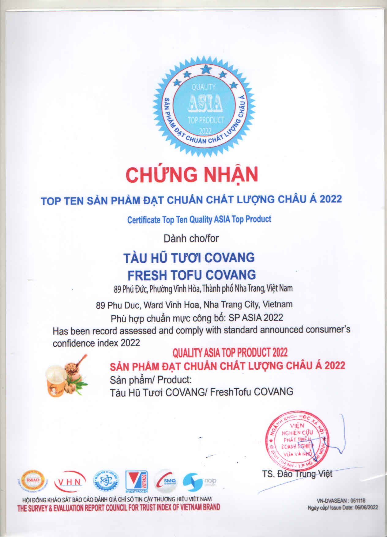 Chứng nhận và sự công nhận Top 10 Sản phẩm đạt chuẩn chất lượng Châu Á 2022