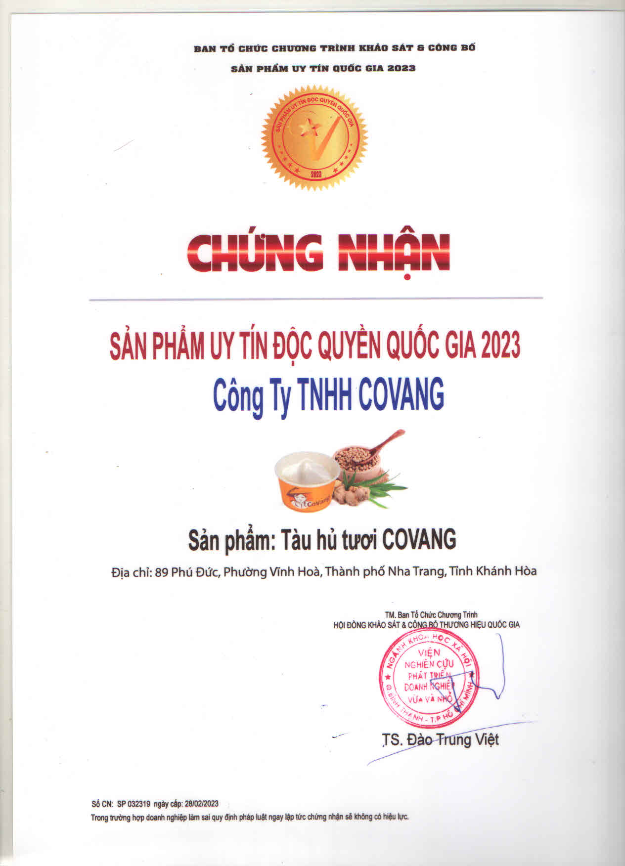 Chứng nhận và sự công nhận Sản phẩm Uy tín độc quyền Quốc gia 2023