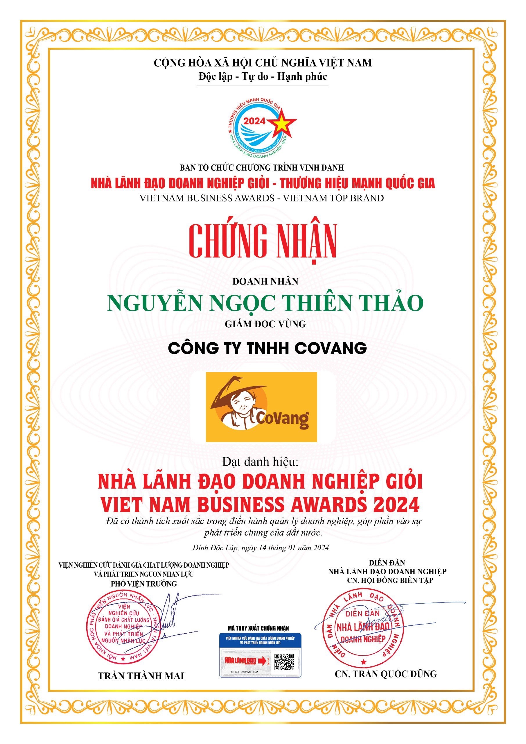 Chứng nhận và sự công nhận Nhà lãnh đạo Doanh nghiệp giỏi 2024